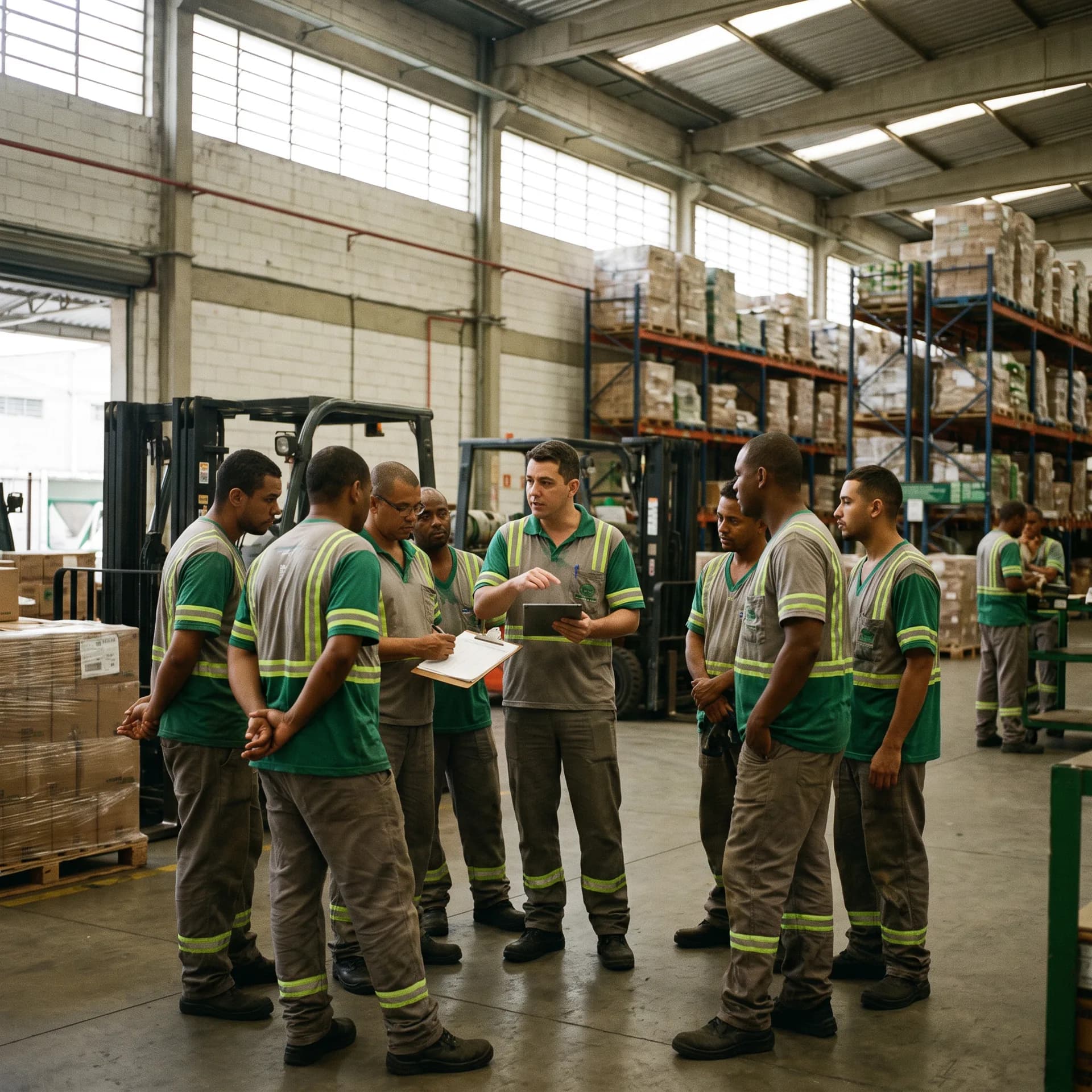 Equipe da ZAZ BPO iniciando o turno em um centro de distribuição